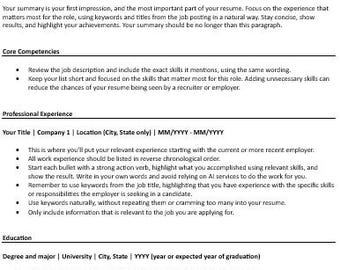 May include: A professional resume template with sections for contact information, professional summary, core competencies, professional experience, education, and certifications. The document provides guidelines for crafting a compelling resume, emphasizing keywords and achievements.