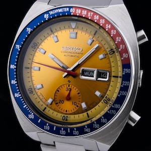 Seiko Pogue Pepsi 6139 gul urtavla vintage automatisk kronograf herrklocka 1970-talet