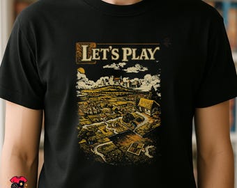 LET'S PLAY T-Shirt | Carcassonne Inspired Retro Board Game Tee | Medieval Tile Placement Gamer Shirt | Black Strategy Tee