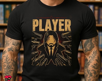 John Wick Inspired Meeple PLAYER T-Shirt | Retro Board Game Tee | Action Movie Gamer Gift | Tabletop Gaming Unisex Shirt