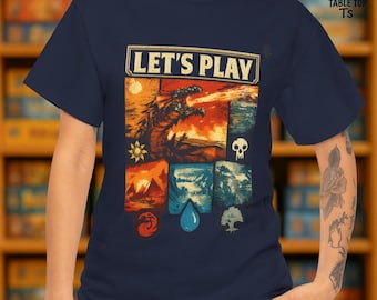 LET'S PLAY T-Shirt | Magic The Gathering Inspired Retro Gamer Tee | Dragon Fantasy Card Game Shirt | Elemental Mana Black & Navy Unisex Tee