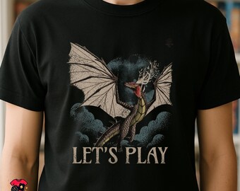 LET'S PLAY T-Shirt | Wyrmspan Inspired Retro Board Game Tee | Dragon Fantasy Strategy Gamer Shirt | Black Unisex Gift TShirt