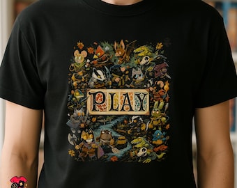 Root Inspired PLAY Retro Board Game T-Shirt | Woodland Strategy Gamer Tee | Fantasy Tabletop Gift | Black & Dark Chocolate Unisex Tee