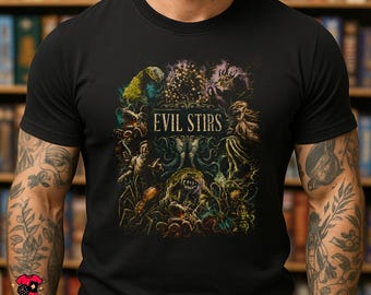 Reign of Cthulhu Inspired EVIL STIRS T-Shirt | Lovecraft Horror Board Game Unisex Tee | Retro Cosmic Horror Gamer Gift