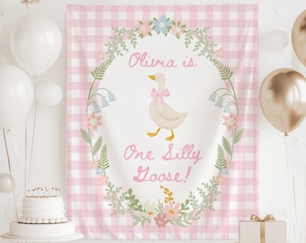 ONE Silly Goose Banner, Vintage Silly Goose Backdrop, One Silly Goose Backdrop, Silly Goose 1st Birthday Tapestry, Gingham Goose Birthday