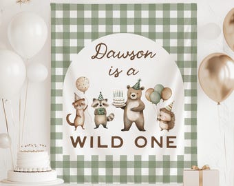Wild ONE Birthday Banner, Wild One Woodland Birthday Decorations, Woodland Animal 1st Birthday Backdrop, Hes a Wild One Sign