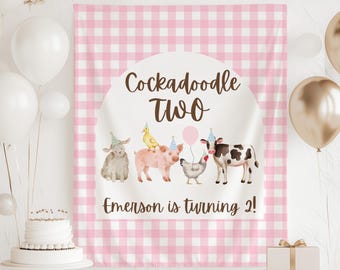 Striscione di compleanno Cockadoodle TWO, sfondo per il secondo compleanno con animali da fattoria, striscione Oink Baa Moo I'm Two, decorazioni per il secondo compleanno Oink Cluck Boo