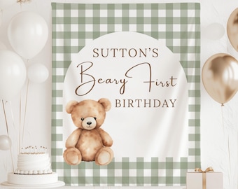Beary eerste verjaardag banner, teddybeer 1e verjaardagsversieringen, Beary 1e verjaardag achtergrond, Bear thema 1e verjaardagsfeestje decor