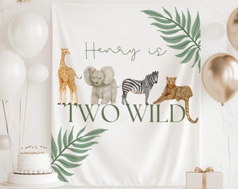 Striscione di compleanno con due animali selvaggi, decorazioni di compleanno con due animali selvaggi, sfondo per il secondo compleanno con safari, striscione di compleanno con animali della giungla, cartello per il compleanno con animali del safari
