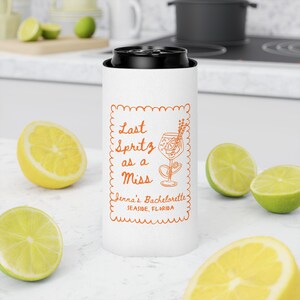 Pink striped spritz can cooler for beach bachelorette weekend favors