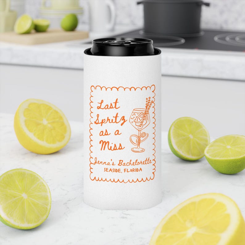 Pink striped spritz can cooler for beach bachelorette weekend favors