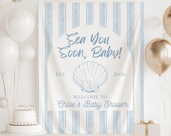 Banner "Sea You Soon" para baby shower, fondo de conchas marinas, decoraciones costeras para baby shower, letrero "Bajo el mar" para baby shower