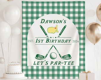 Golf 1st Birthday Banner : Let's Par-Tee Banner, Gingham Golf Birthday Backdrop