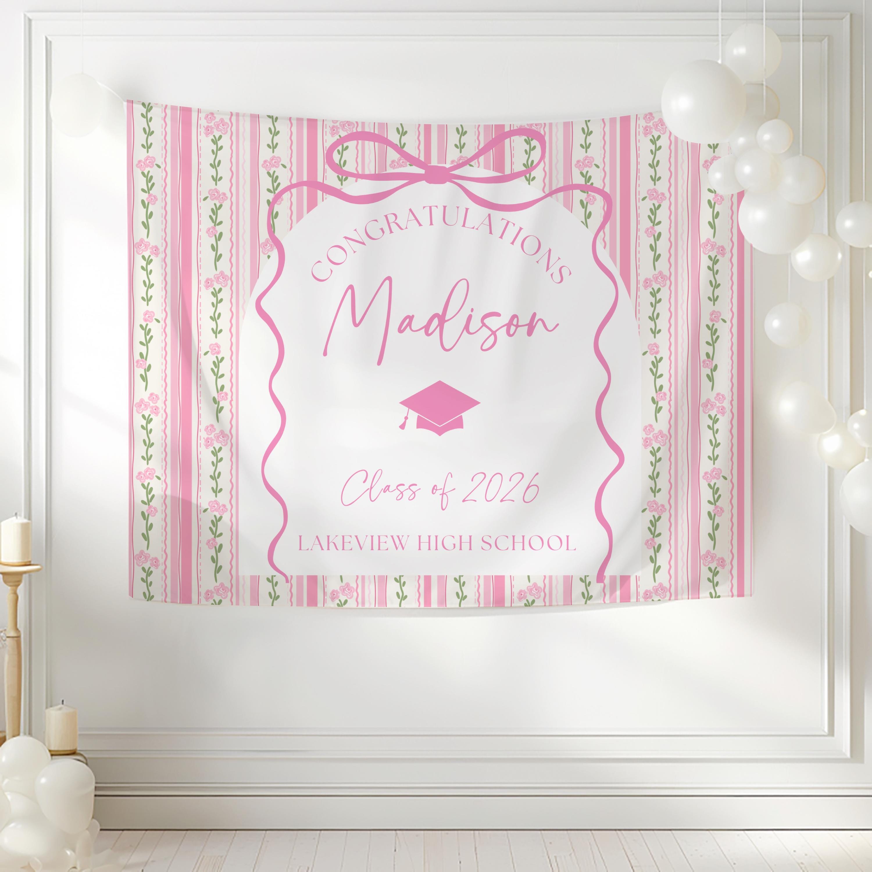 Graduation Pink Pattern Border Pink Bow Graduation Banner, Floral Graduation Backdrop, Love Shack ...
