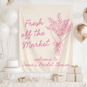 Fresh off the market bridal shower backdrop flower market decor