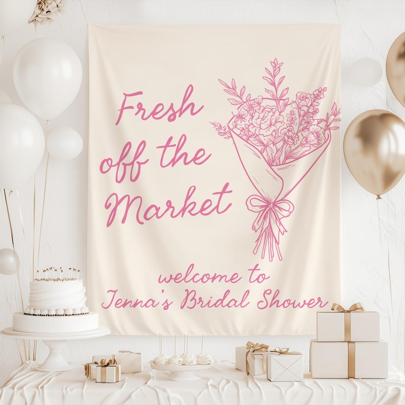 Fresh off the market bridal shower backdrop flower market decor