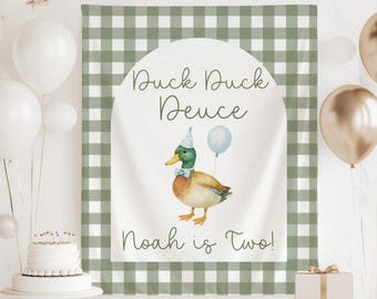 Duck Duck Deuce Banner, Duck 2nd Birthday Backdrop, Mallard Duck Birthday Party Decorations, Custom 2nd Banner for Boy