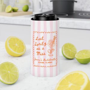Personalized spritz bachelorette drink sleeve with pink and orange design