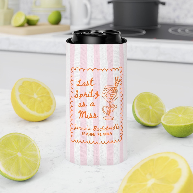 Personalized spritz bachelorette drink sleeve with pink and orange design