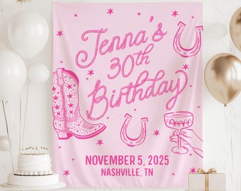Banner de cumpleaños número 30 del oeste, decoraciones personalizadas para cumpleaños número 30, fondo de cumpleaños del oeste, banner de cumpleaños de Nashville