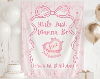 Girls Just Wanna Be Oneバナー、ピンクのリボン付き1歳の誕生日背景、コケットな1歳の誕生日バナー、Girls Just Wanna Be Oneデコレーション