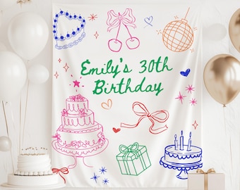 Banner personalizado para 30 cumpleaños, banner para ella para cualquier edad, banner de cumpleaños con garabatos, fondo multicolor para 30 cumpleaños, decoraciones para 30 cumpleaños