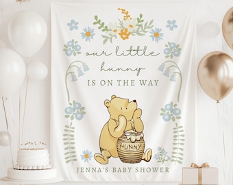 Fondo para baby shower de Winnie the Pooh: Banner "Nuestro pequeño conejito está en camino"