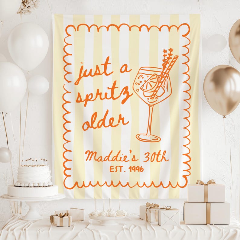 Just a Spritz Older Birthday Banner, Spritz Birthday Decor, 30th Birthday Banner, Spritz Party Banner, Custom Birthday Backdrop Yellow - Striped