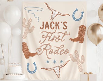 Faixa de aniversário "Primeiro Rodeio", Painel de fundo "Meu Primeiro Rodeio", Decoração de festa de aniversário com tema faroeste, Placa de aniversário de cowboy