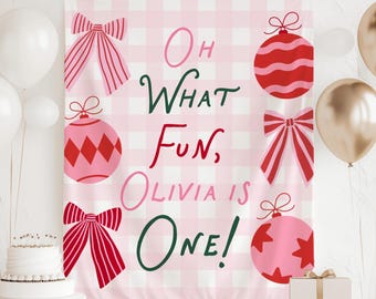 Oh What Fun It Is To Be ONE Banner, Christmas 1st Birthday Backdrop, Pink and Red Winter ONEderland Party Decor, Oh What Fun Birthday Banner