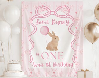 Some Bunny Is ONE Banner, Bunny 1st Birthday Backdrop, Easter First Birthday Sign, Spring Bunny Birthday Decorations, Pink Bunny Party Decor