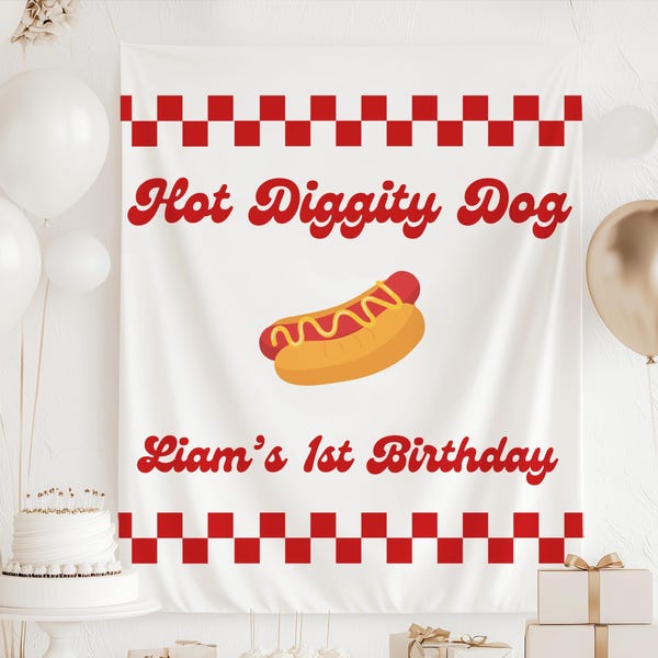 Hot Diggity Hund Geburtstagsbanner, Hotdog Geburtstagsdekoration, BBQ Geburtstag Kulisse, Ein Weenie Bit Älteres Schild