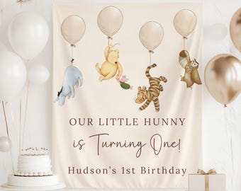 Our Little Hunny is Turning ONE Banner, Winnie the Pooh 1st Birthday Banner, Classic Winnie First Birthday Backdrop, Our Hunny is ONE Sign
