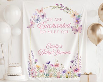 Estamos encantados de conocerte Baby Shower Banner de Baby Shower: Fondo de Baby Shower de Mariposas