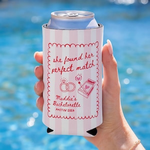 May include: A white and pink striped can cooler with the text "she found her perfect match" and "Maddie's Bachelorette AUSTIN 2026". The design includes ring and matchbox illustrations.