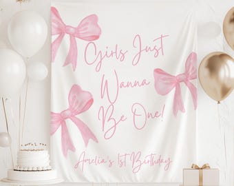 Girls Just Wanna Be Oneバナー、ピンクのリボンの1歳の誕生日背景、コケットな1歳の誕生日デコレーション、Girls Just Wanna Be One背景