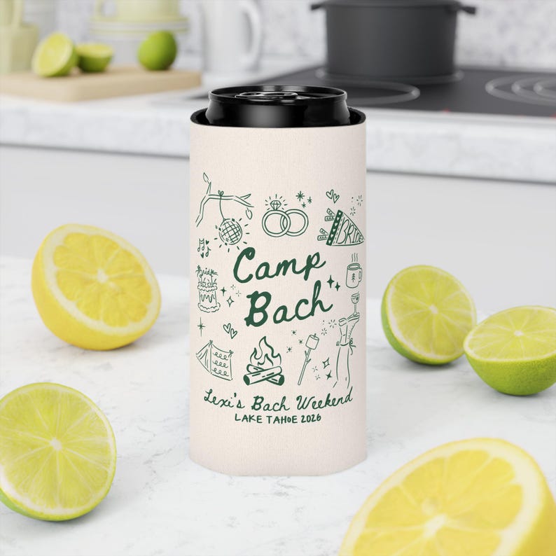 camping bachelorette favors custom camp bach can coolers bride name drink sleeves