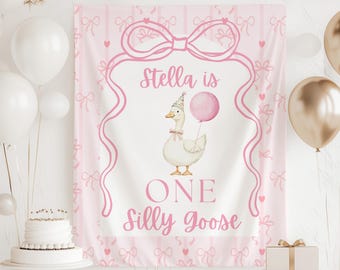 ONE Silly Goose Banner, One Silly Goose Girl Backdrop, Pink Silly Goose 1st Birthday Tapestry, One Silly Goose Sign for Baby Girl