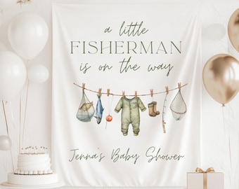 Letrero de bienvenida "Un pequeño pescador está en camino", decoración para baby shower de pescador, pancarta de baby shower de pesca, fondo para baby shower con temática de peces
