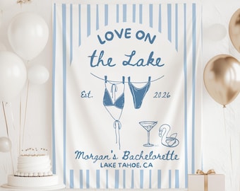 Banner "Amor en el lago", tapiz del Bach Lake Club, telón de fondo para despedida de soltera en el lago, decoraciones personalizadas para despedida de soltera en el lago