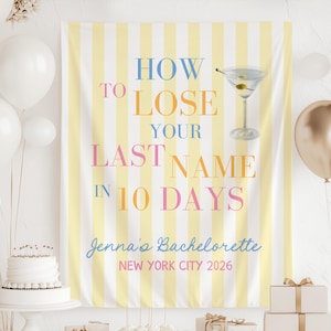 Bannière EVJF Comment perdre son nom de famille en 10 jours, toile de fond EVJF New York City, toile de fond EVJF jaune, Rom Com Bach