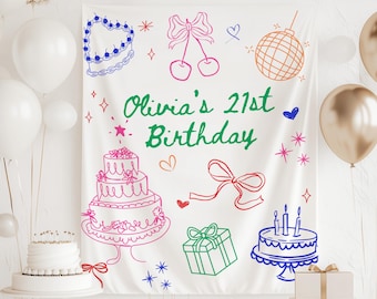 Custom 21st Birthday Banner, ANY AGE Birthday Banner for Her, Doodle Birthday Banner, 21st Birthday Backdrop, 21st Birthday Decorations