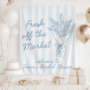 Market themed bridal shower banner fresh off the market sign