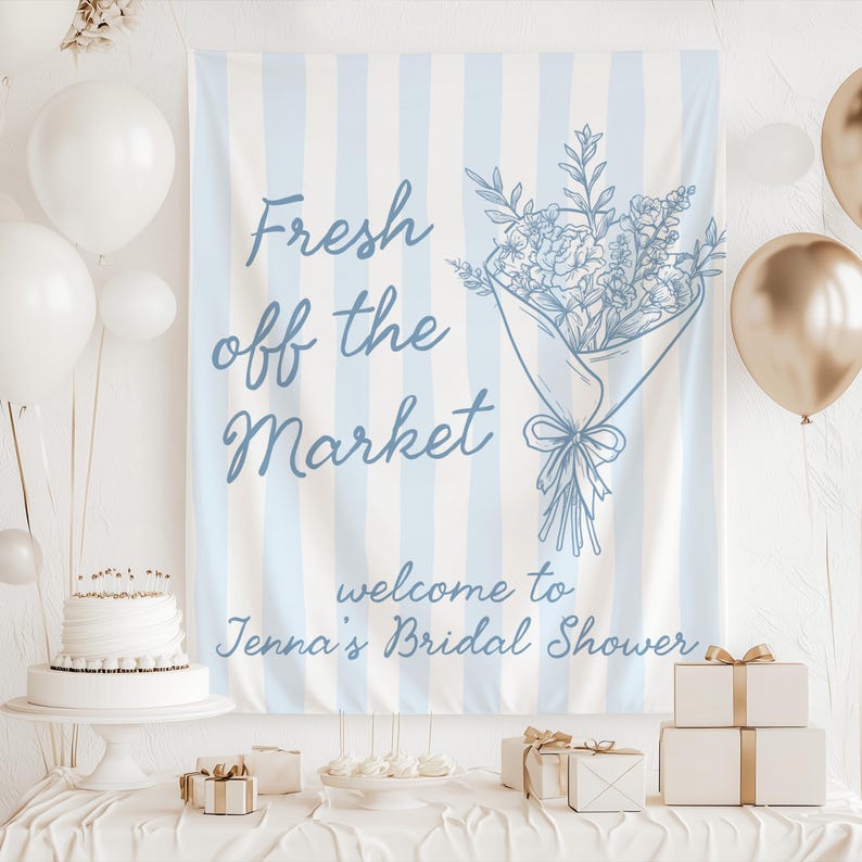 Market themed bridal shower banner fresh off the market sign