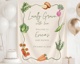 Letrero para baby shower con productos locales, pancarta de mercado de agricultores, decoraciones de mercado, tapiz de verduras