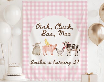 Striscione di compleanno Oink Cluck Baa Moo, decorazioni Oink Baa Moo che compiono due anni, sfondo Oink Baa Moo per il secondo compleanno, striscione di compleanno con animali da fattoria