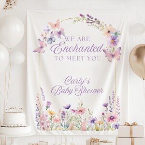 Enchanted baby shower banner backdrop with butterflies