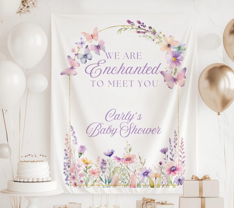 Enchanted baby shower banner backdrop with butterflies