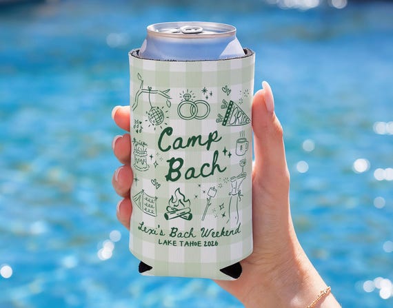 Camp Bach Cozies, Camp Bach Can Coolers, Camp Bachelorette Favors, Camping Themed Bachelorette Drink Sleeve, Camp Bride Cozies