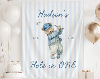 Hole in ONE 1-årsbanderoll, golfdekorationer för första födelsedag, golftema för första födelsedag, vintage nallebjörnsbanderoll för första födelsedag